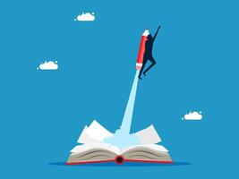 man flying with a rocket on top of an open book vector