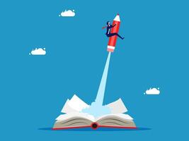flying with a rocket on top of an open book vector