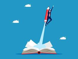 a businessman flying with a rocket on top of an open book vector