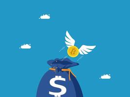 money bag with bitcoin coin and wings vector