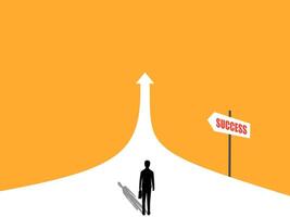 Businessman on the arrow path with a sign pointing to success vector