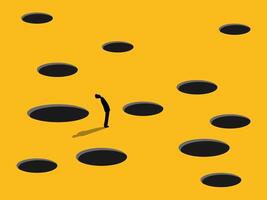 Assess or Avoid Risk, Businessman Stands Amidst Pitfalls Surrounded vector