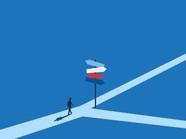 team of businessmen walking at multiple street signs at a confusing intersection vector