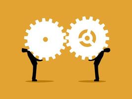 Working together, working in harmony, two businessmen connecting the cogs together vector