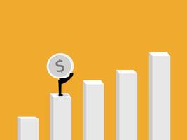Trying to make profit, Businessman carries coins up to the bar chart grows vector