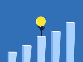 Growth mindset, businessman trying to carry a light bulb up a growth bar graph vector