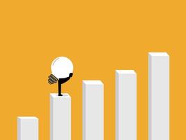 Effort, knowledge progress, businessman carrying a light bulb up a growth bar graph vector