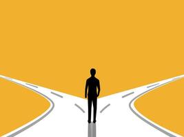 a man standing on a road with two arrows pointing in different directions vector