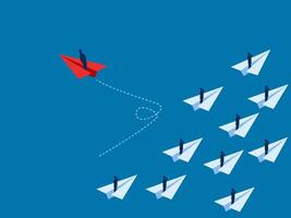 Think Different, Businessman Dares to Fly Paper Plane Out of Team vector