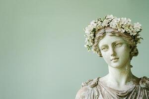 statue of a Greek goddess in a spring wreath of white flowers, spring concept photo