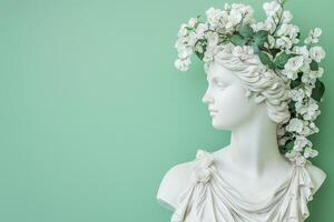 statue of a Greek goddess in a wreath of white flowers on a light green background, spring concept photo