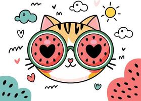 Cute Cartoon Cat with Watermelon Glasses and Fun Summer Elements in a Playful Design vector