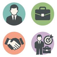 Business Icons Representing Professional, Briefcase, Handshake, and Target Achievement vector