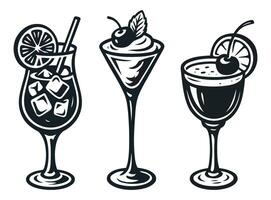Black and White Illustration of Three Elegant Cocktail Glasses with Garnishes vector