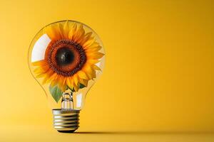 sunflower inside a lamp, copy space, solar energy concept, environmentally friendly technologies and a sustainable lifestyle photo
