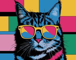 Stylish Cat Design with Bright Sunglasses and Playful Pop Art Colors for Modern Decor vector
