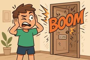 Cartoon Boy Reacting to Loud Noise with a Boom Sound Effect from the Door vector