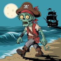 Undead Pirate in Tattered Clothes and Eye Patch Walking Along Shoreline with Full Moon and Ship vector
