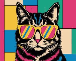 Retro Pop Art Cat with Vibrant Sunglasses and Bold Geometric Color Blocks in Background vector