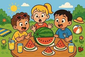 Kids Enjoying Watermelon and Lemonade in a Fun Summer Picnic Under the Sun vector