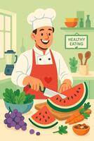 Smiling Chef Slicing Watermelon in a Colorful Kitchen Promoting Healthy Eating and Fresh Ingredients vector