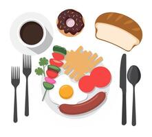 Nutritious Breakfast Spread with Eggs, Sausage, Coffee, Vegetables, and Donut on a White Plate vector