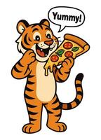Cute Cartoon Tiger Enjoying a Slice of Pizza with a Yummy Expression vector