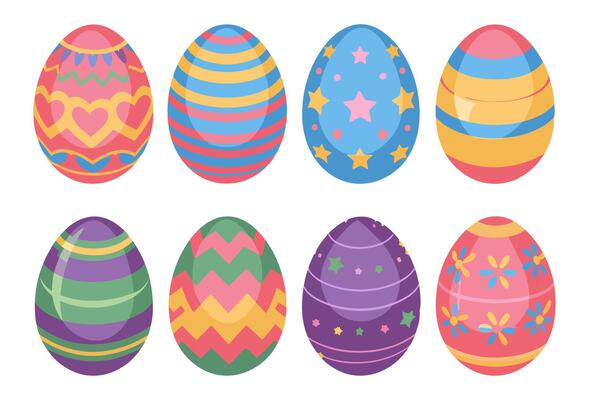 Colorful Easter Eggs Set with Fun Patterns, Stars, Hearts, and Flowers for Spring Celebrations