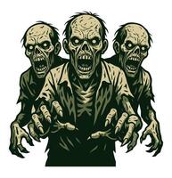 Fearsome Zombie Group in Tattered Clothes with Glaring Eyes and Open Mouths vector