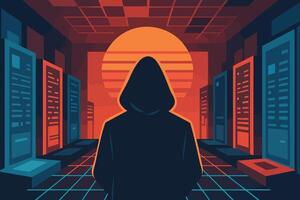 Digital World of Cybersecurity with a Shadowed Figure and Glowing Servers vector