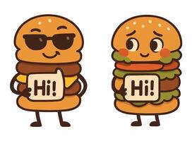 Happy Burger Characters Holding Hi Signs with Unique and Cute Expressions vector