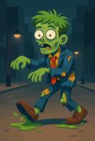 Zombie Character in Suit with Slime Trail and Green Skin Strolling Through a Haunted City Street vector