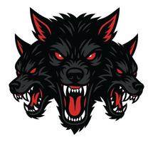 Aggressive Three-Headed Wolf Design with Red Eyes and Sharp Teeth vector