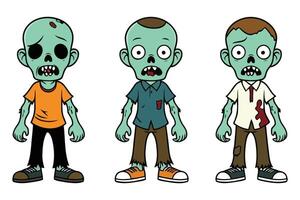 Cute and Creepy Cartoon Zombies with Tattered Clothes and Expressive Faces vector