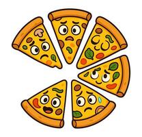 Colorful Pizza Slices with Faces Showing Various Emotions and Toppings vector