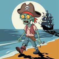 Undead Pirate Character with Pirate Hat, Hook, and Tattered Clothing Walking on Seaside Path vector