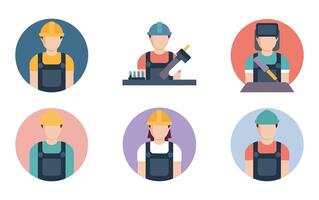 Set of Construction Worker Icons with Safety Helmets and Tools for Industrial Use vector
