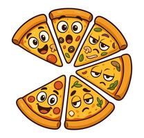 Fun Cartoon Pizza Slices with Different Facial Expressions and Toppings vector