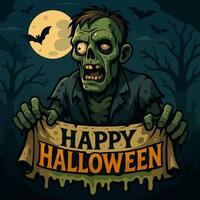 Zombie Holding Happy Halloween Banner with Full Moon, Bats, and Creepy Trees in the Background vector