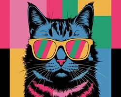 Pop Art Style Cat with Colorful Sunglasses and Bold Geometric Background for Vibrant Artwork vector