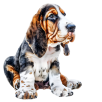 basset hound puppy with expressive eyes and distinctive droopy ears sits poised, exuding a playful and heartwarming presence. png