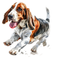 illustration captures the playful energy of a basset hound, mid-run, with its floppy ears and happy expression radiating pure joy. png