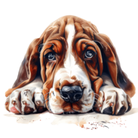 gentle and melancholic expression of a Basset Hound, this image showcases the breed's distinctive features, with its soulful eyes and droopy ears. png