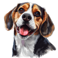 illustration of a happy beagle, with its expressive eyes and playful demeanor. The dog's fur is painted in a colorful, detailed style. png