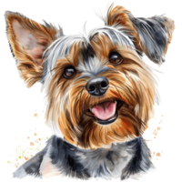 Yorkshire Terrier close-up, with expressive eyes and a joyful smile, radiating warmth and playfulness. png