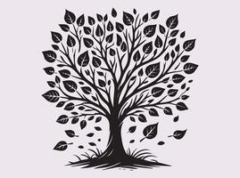 Autumn Tree with Leaves Silhouette in Black Simple and Artistic Fall Design vector