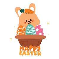 cute easter card design with bunny with carrot on it head inside egg basket. easter drawing theme for card, wallpaper, background vector