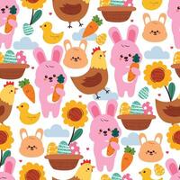 seamless pattern cute cartoon bunny and chicken with basket of easter egg. cute easter wallpaper, pattern, background vector