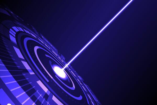 Glowing data symbol in a digital night sky with blue waves and shining stars. Hi Tech background.