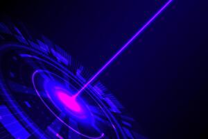 A purple laser beam shoots straight from the center of the digital circuit, representing energy, high-speed communication, and cutting-edge technology in the digital age. vector